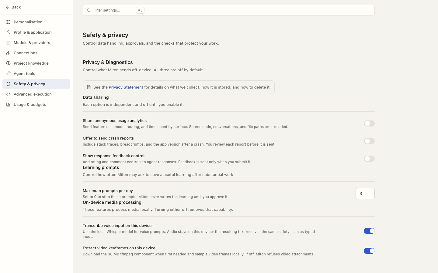 Current Miton Safety and privacy settings showing local processing and disabled data-sharing controls.