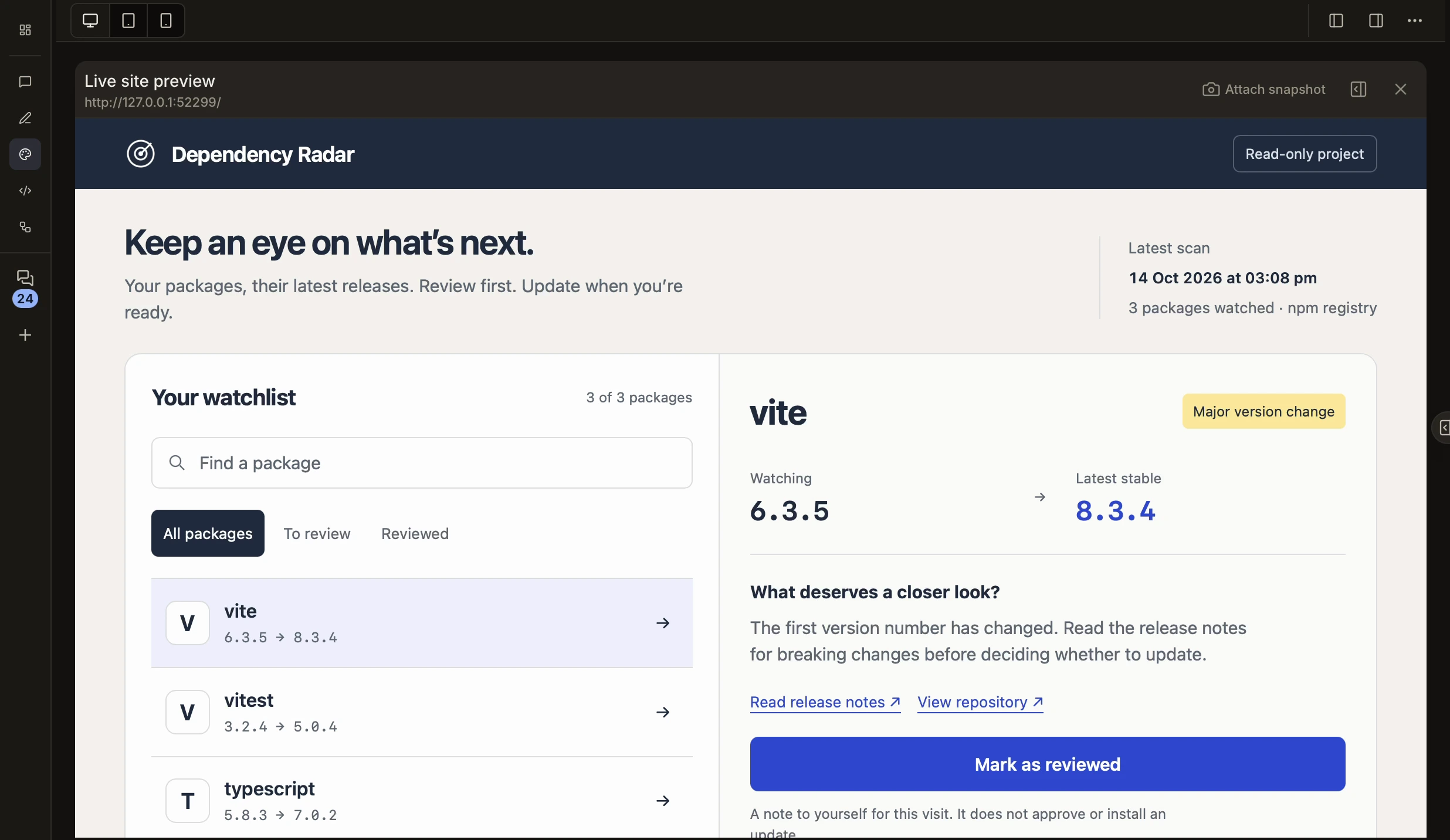 Dependency Radar’s package watchlist and release inspector open in Miton Canvas.
