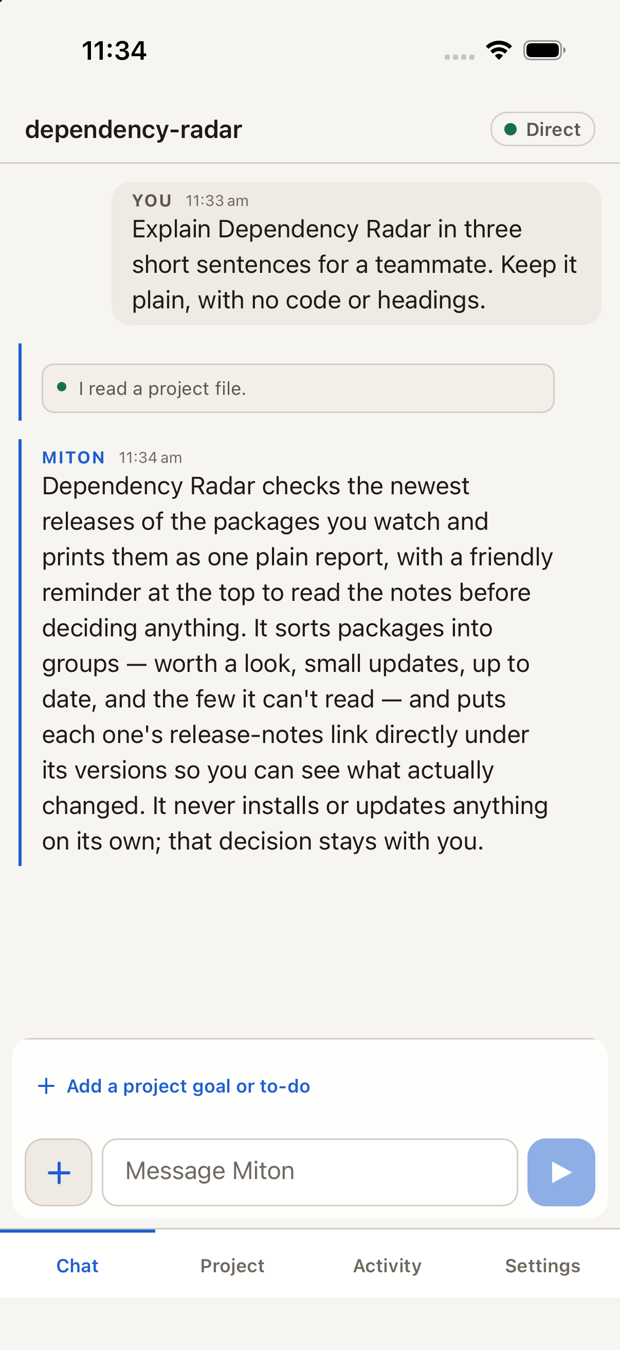 A request to explain Dependency Radar and the real reply in the phone chat.