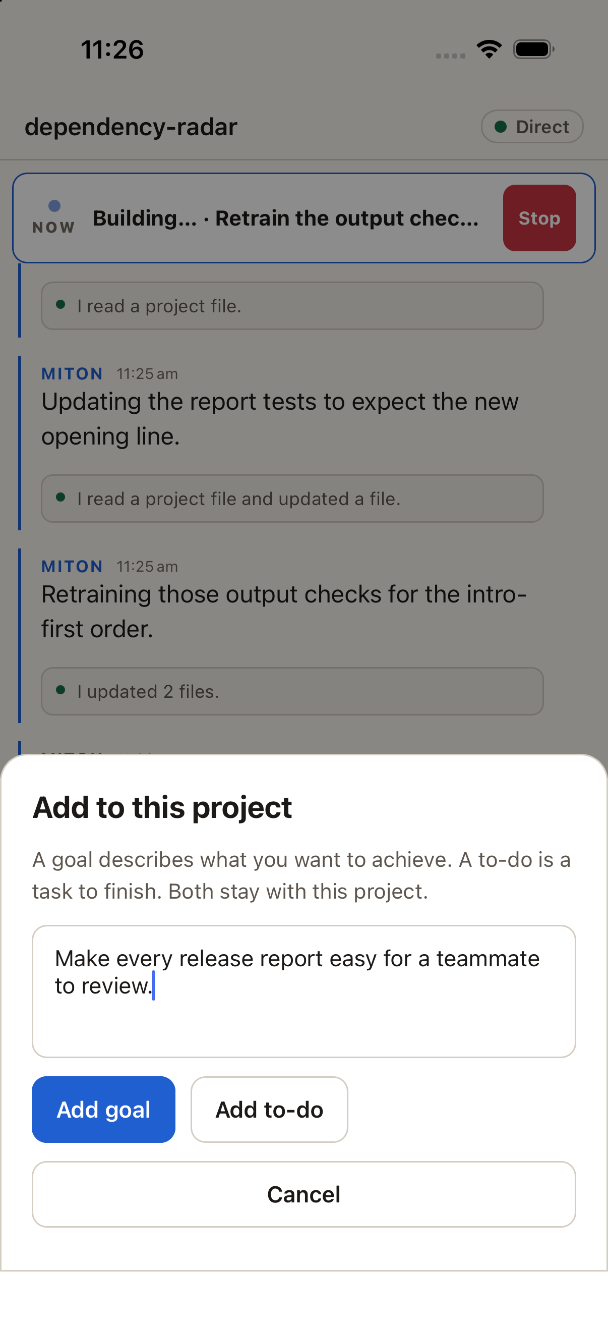 A project goal being written in Miton on a phone.