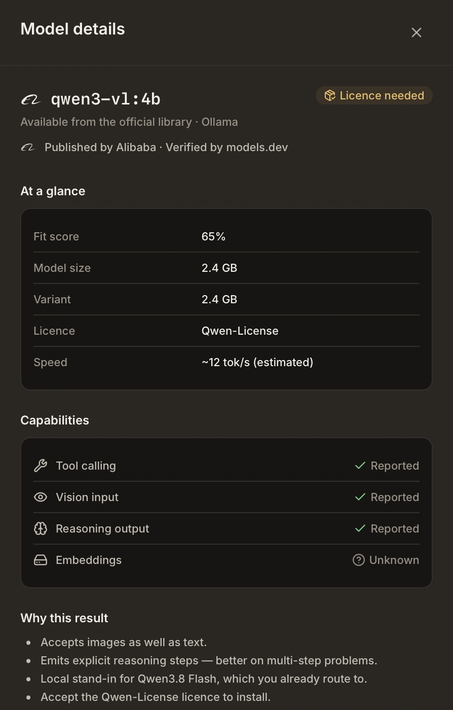 Matchmaker shows a local model’s memory needs, estimated speed, capabilities and recommendation reasons.