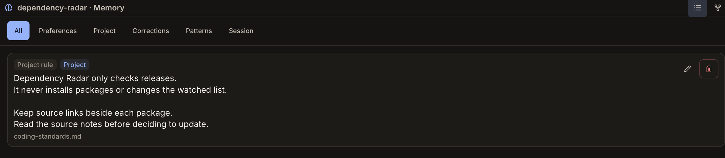 An editable project rule keeps release checks read-only and source notes close.