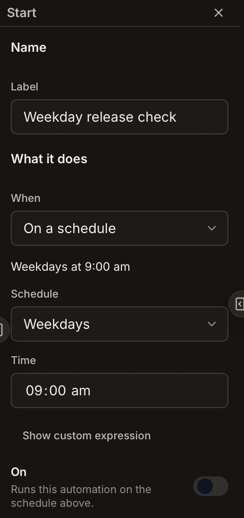 A weekday release-check trigger with its schedule configured and disabled.